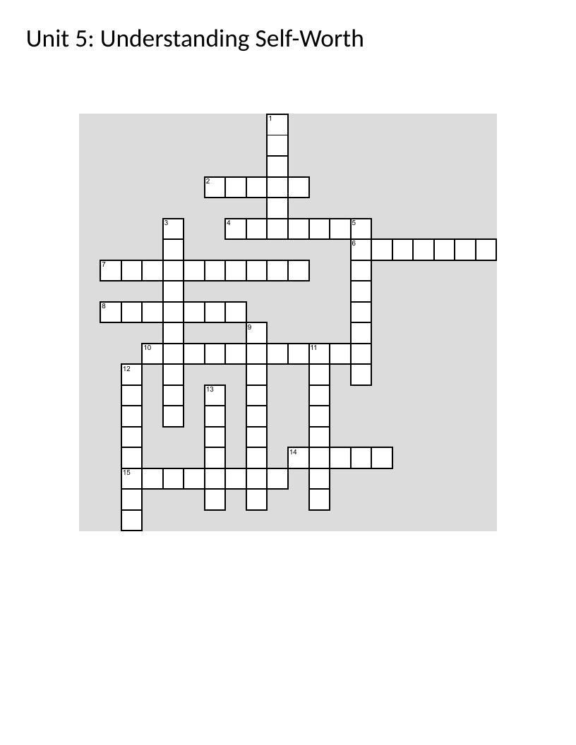 Crossword puzzle on self-worth, confidence, and emotional health for elementary students.