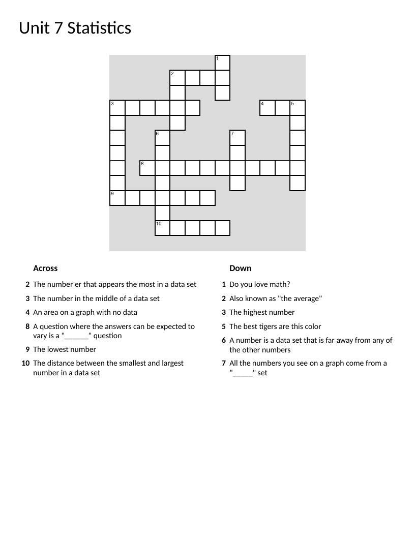 Statistics vocabulary crossword with mean, median, mode, range, and outlier.