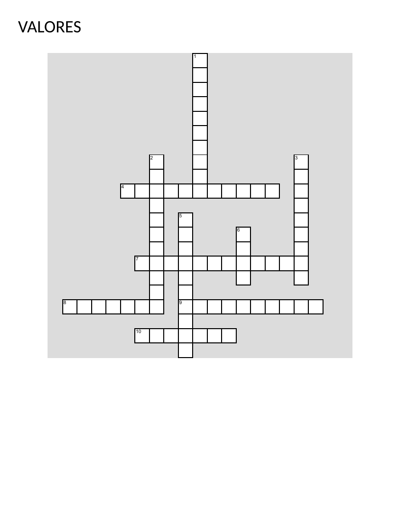 Spanish values crossword with vocabulary on honesty, empathy, justice, and integrity.
