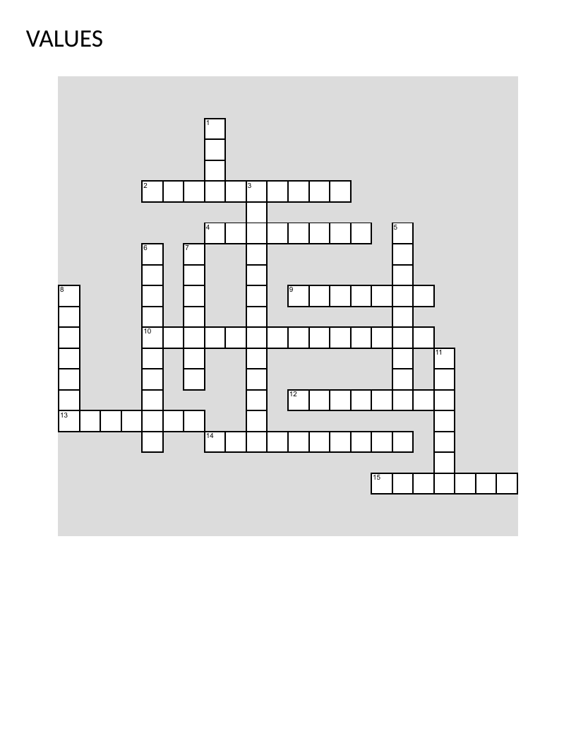 Portuguese character values crossword with words like friendship, courage, and respect.