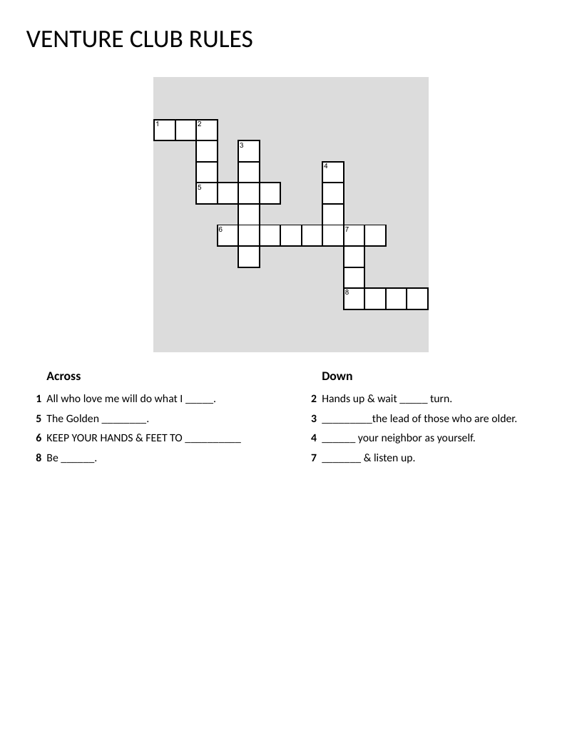 Crossword puzzle about Venture Club rules, kindness, and respect for elementary students.