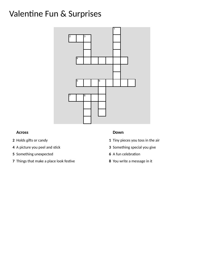 Valentine's Day crossword puzzle with words like gift, party, sticker, and confetti.