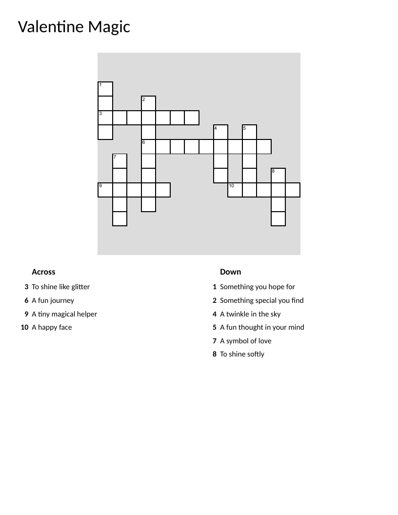 Valentine's Day crossword with whimsical words like fairy, star, heart, and magic.