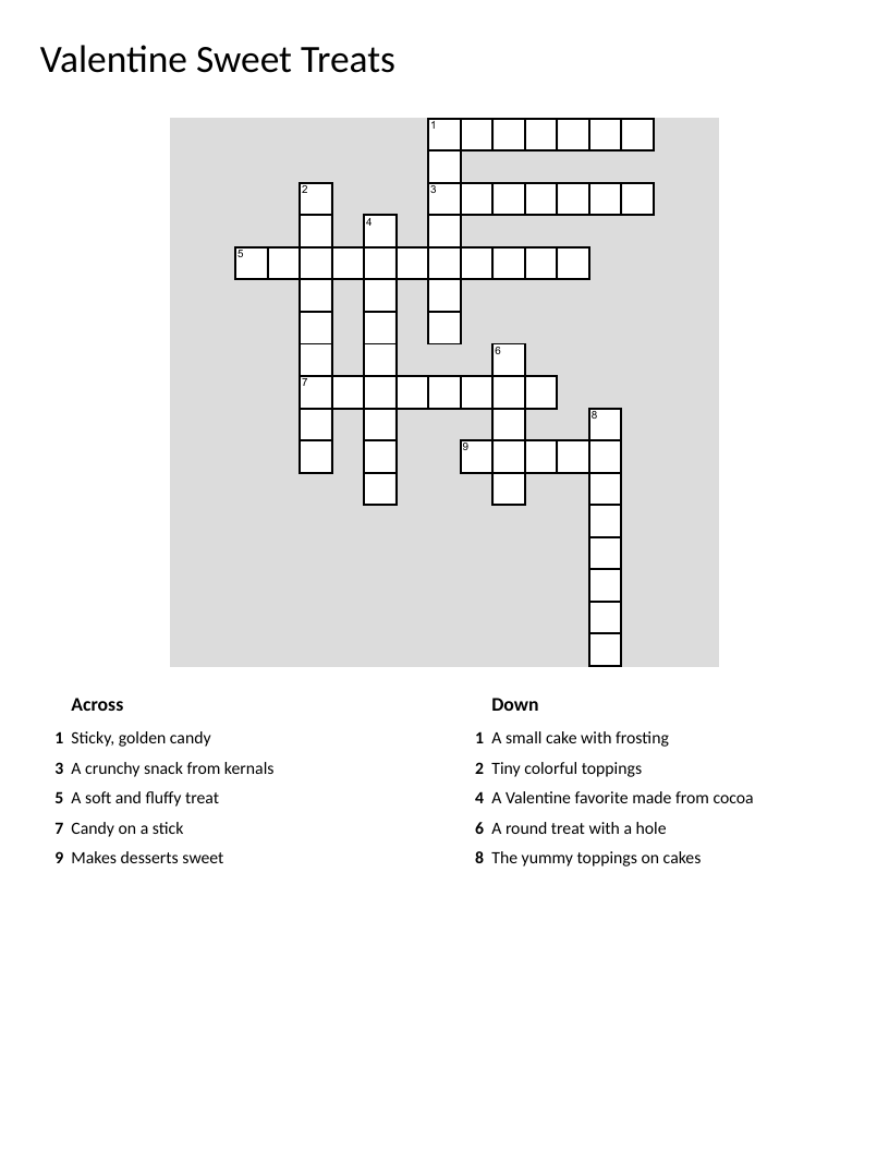 Valentine's Day candy crossword with chocolate, lollipops, and marshmallows.