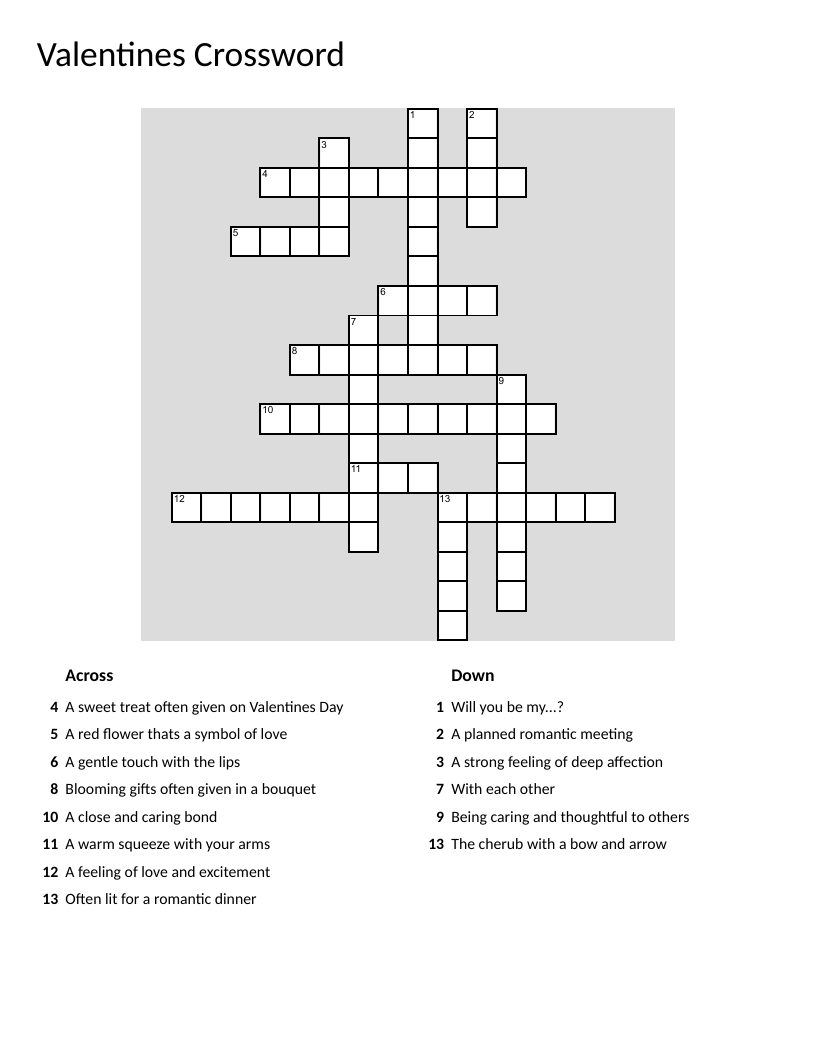 Valentine's Day crossword with words like love, friendship, rose, and cupid.