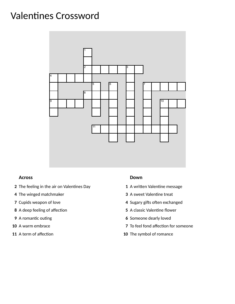 Valentine's Day crossword puzzle with Cupid, roses, chocolate, and hearts.