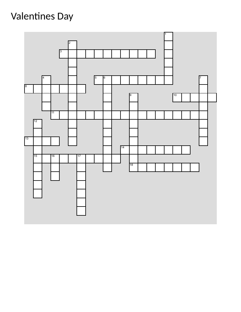 Valentine's Day crossword with candy brands, Cupid, flowers, and hearts.
