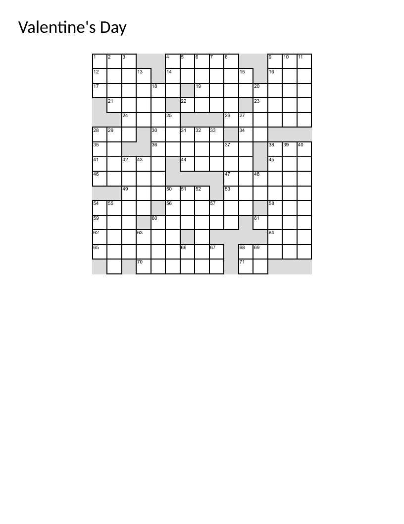 Valentine's Day crossword puzzle with love, romance, and holiday trivia.