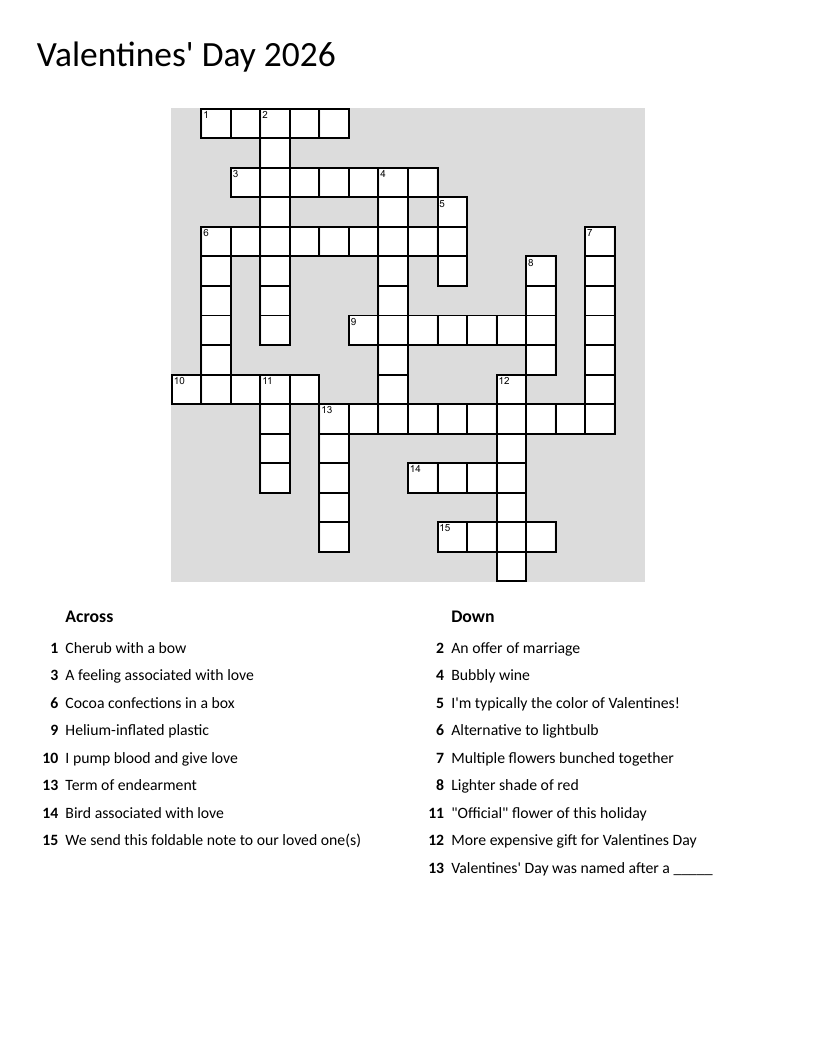 Valentine's Day crossword with hearts, roses, chocolate, and Cupid.