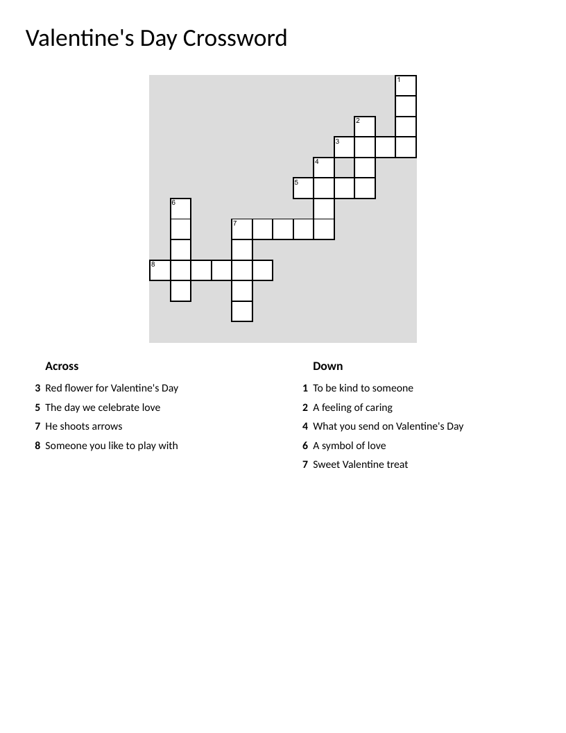 Valentine's Day crossword with rose, cupid, heart, and candy.
