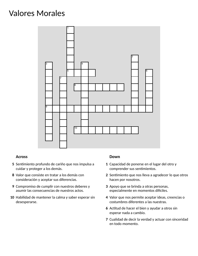 Spanish crossword on moral values: respect, honesty, empathy, responsibility, kindness.