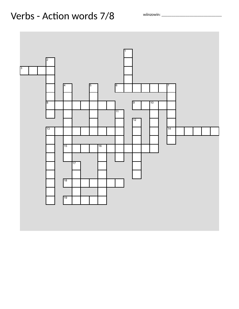 Ojibwe language verbs and action words crossword for elementary learners.