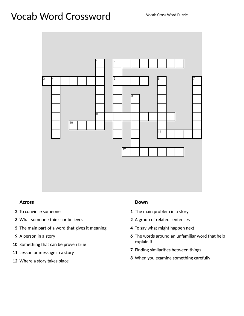 ELA vocabulary crossword puzzle with story elements and reading comprehension terms.