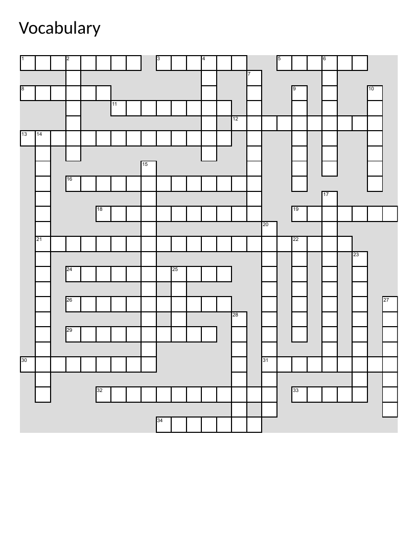 Academic vocabulary crossword featuring words like resilience, labyrinthine, and microbiologist.