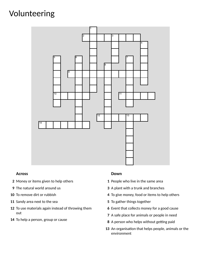 Volunteering and community service crossword with vocabulary like donation, charity, and recycle.