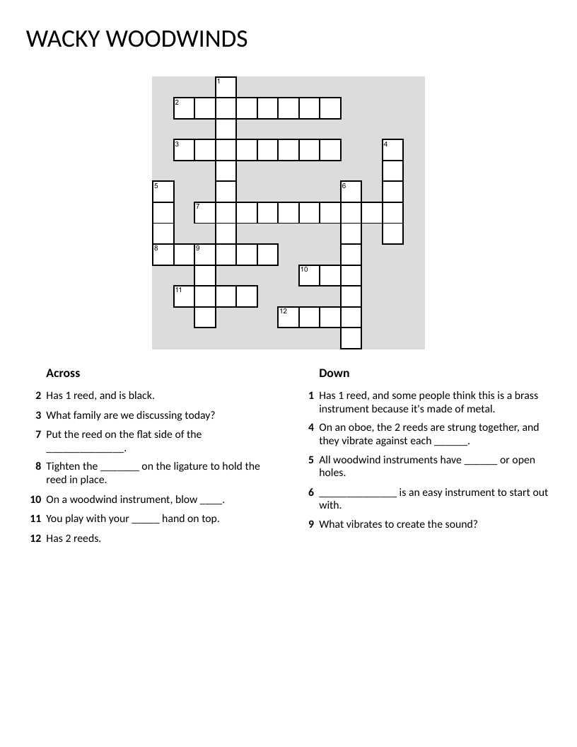Woodwind instruments crossword with clarinet, oboe, saxophone, and recorder vocabulary.