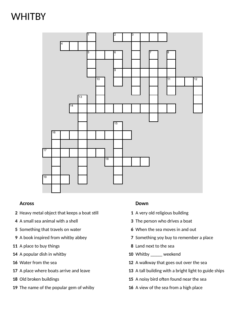 Whitby seaside town crossword with Abbey, harbor, Dracula, and fish and chips.