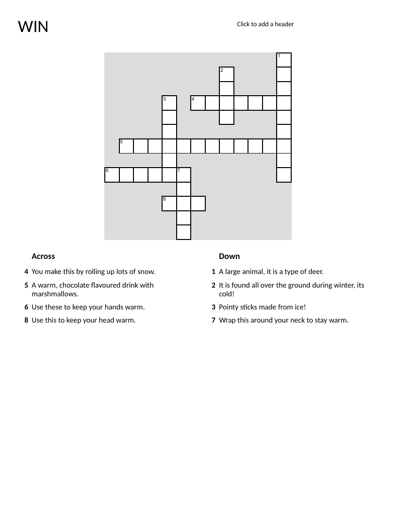 Winter vocabulary crossword with snowman, hot chocolate, gloves, and snow.