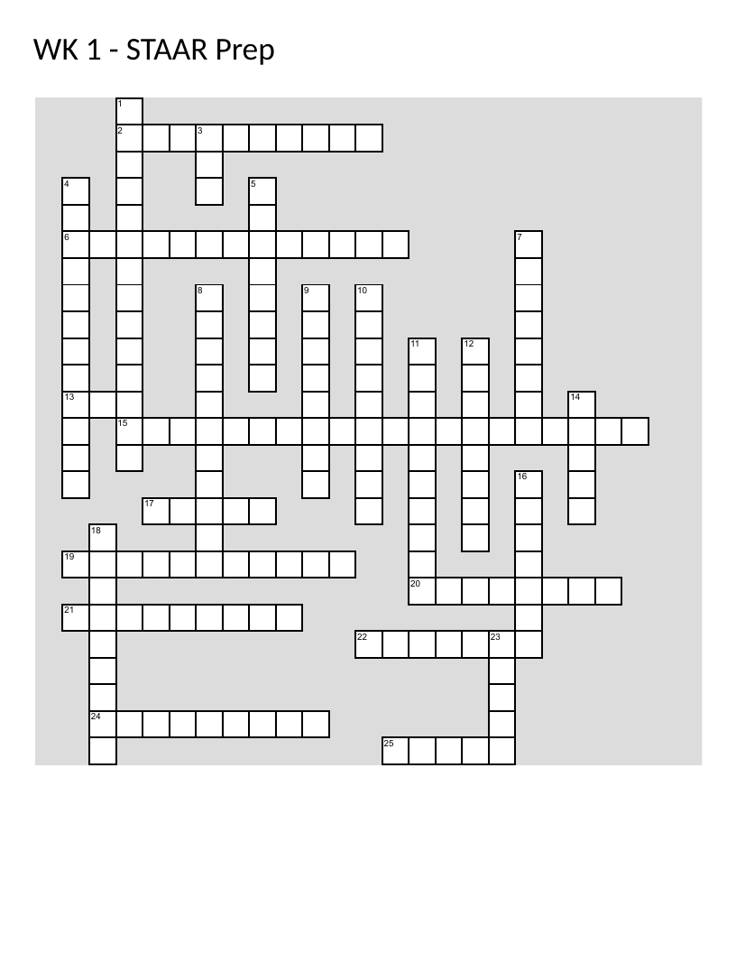 STAAR math vocabulary crossword with fractions, numerators, denominators, and operations.