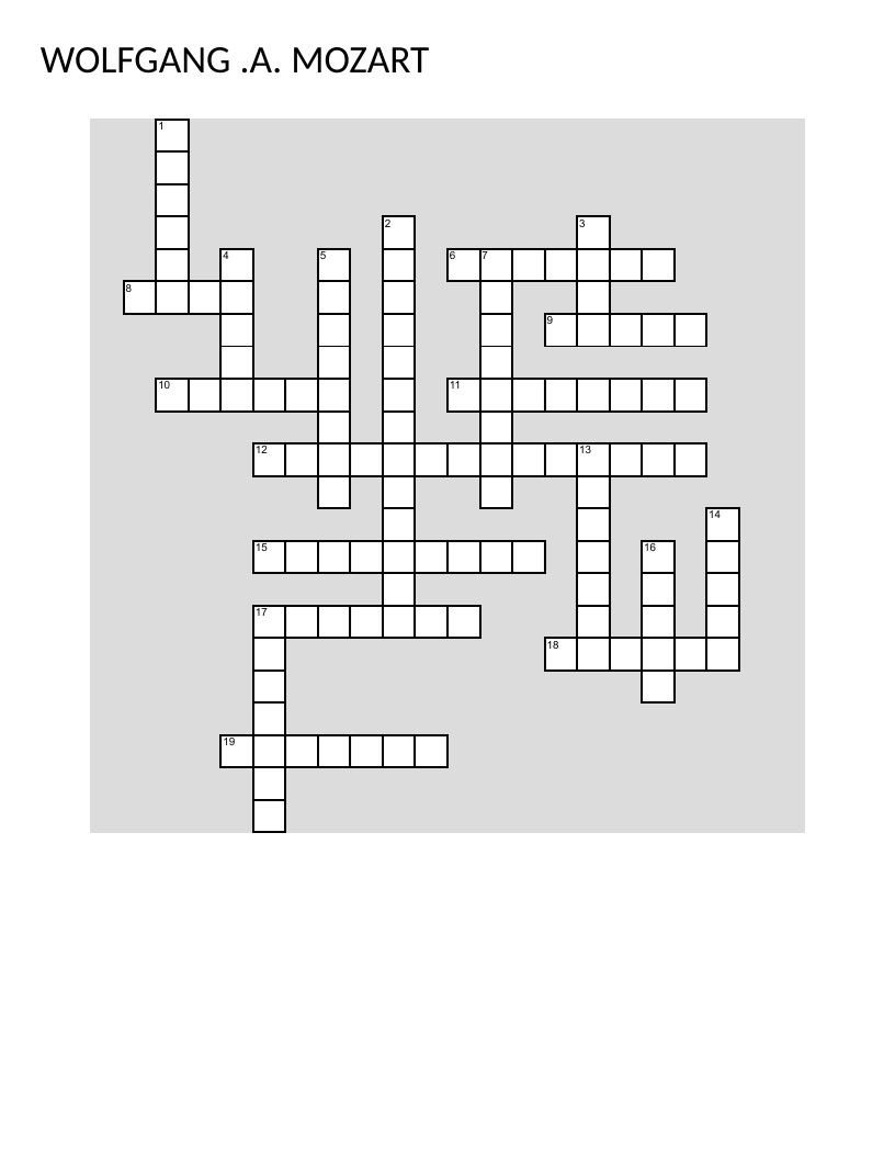 Mozart crossword puzzle with clues about Don Giovanni, Magic Flute, and classical music terms.