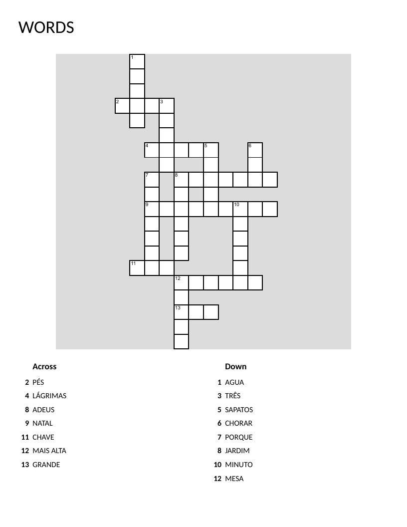 Portuguese-English vocabulary crossword with words like water, shoes, and garden.