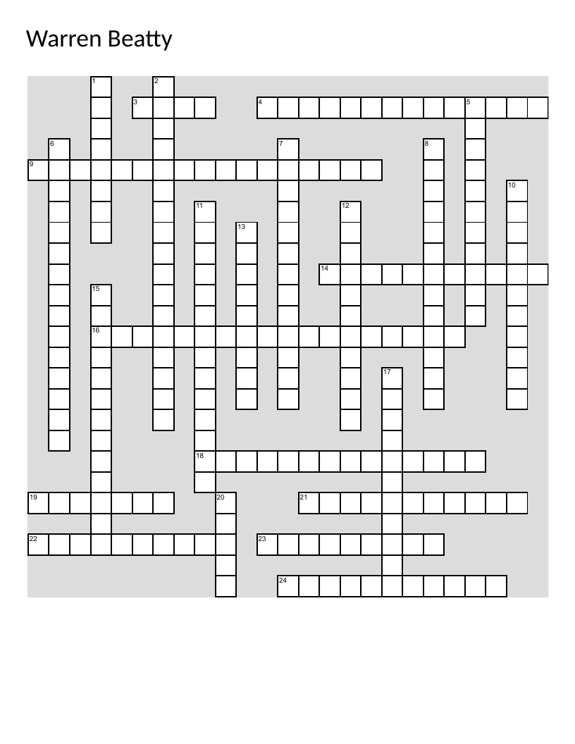 Warren Beatty crossword with classic films Bonnie and Clyde, Reds, and Bugsy.