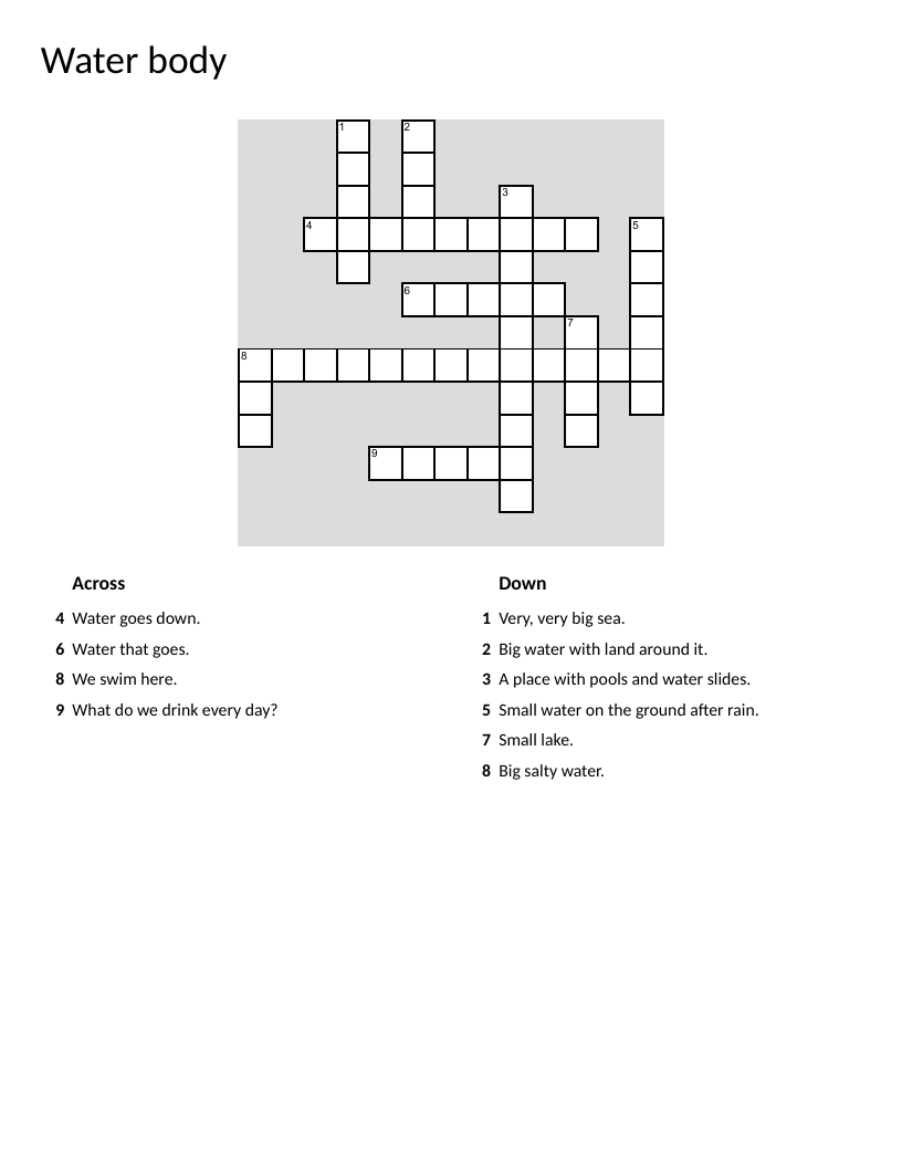 Water bodies crossword with ocean, river, lake, waterfall, and pond vocabulary.