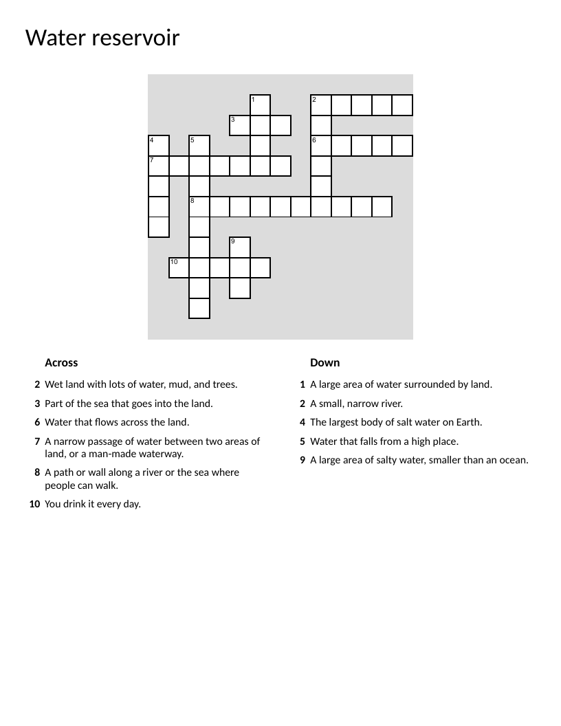 Elementary water bodies crossword with ocean, river, lake, and swamp.