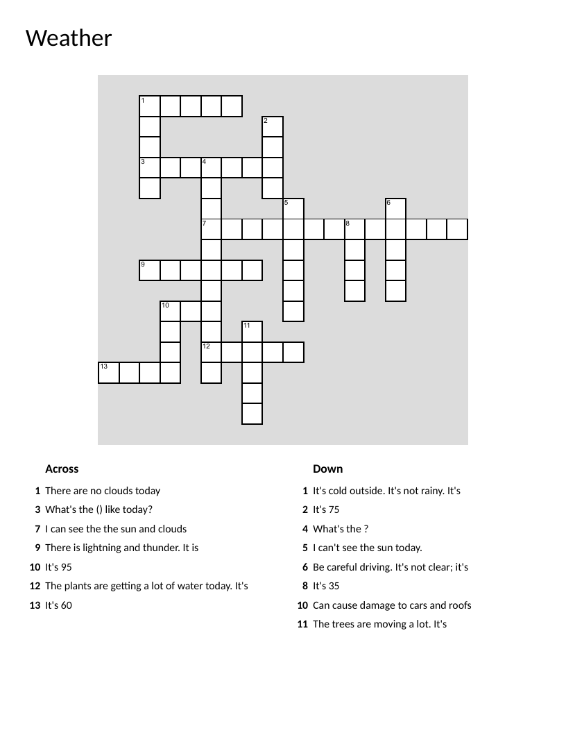 Weather crossword puzzle with vocabulary: sunny, cloudy, rainy, snowy, temperature.
