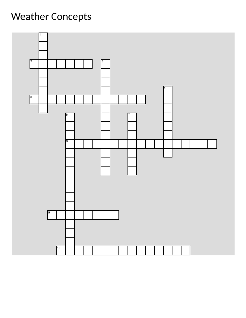 Weather and aviation concepts crossword with cloud cover, forecasting, and altimeter terminology.