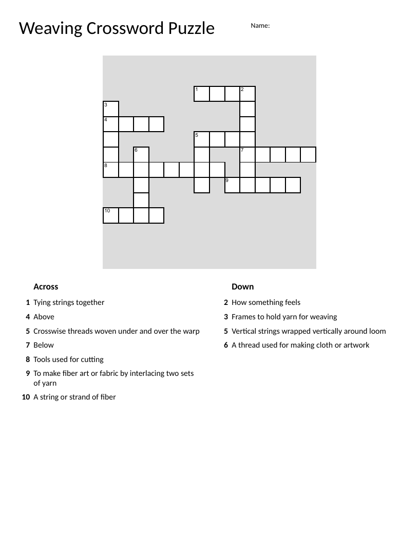 Weaving crossword with vocabulary like loom, warp, weft, yarn, and fiber.