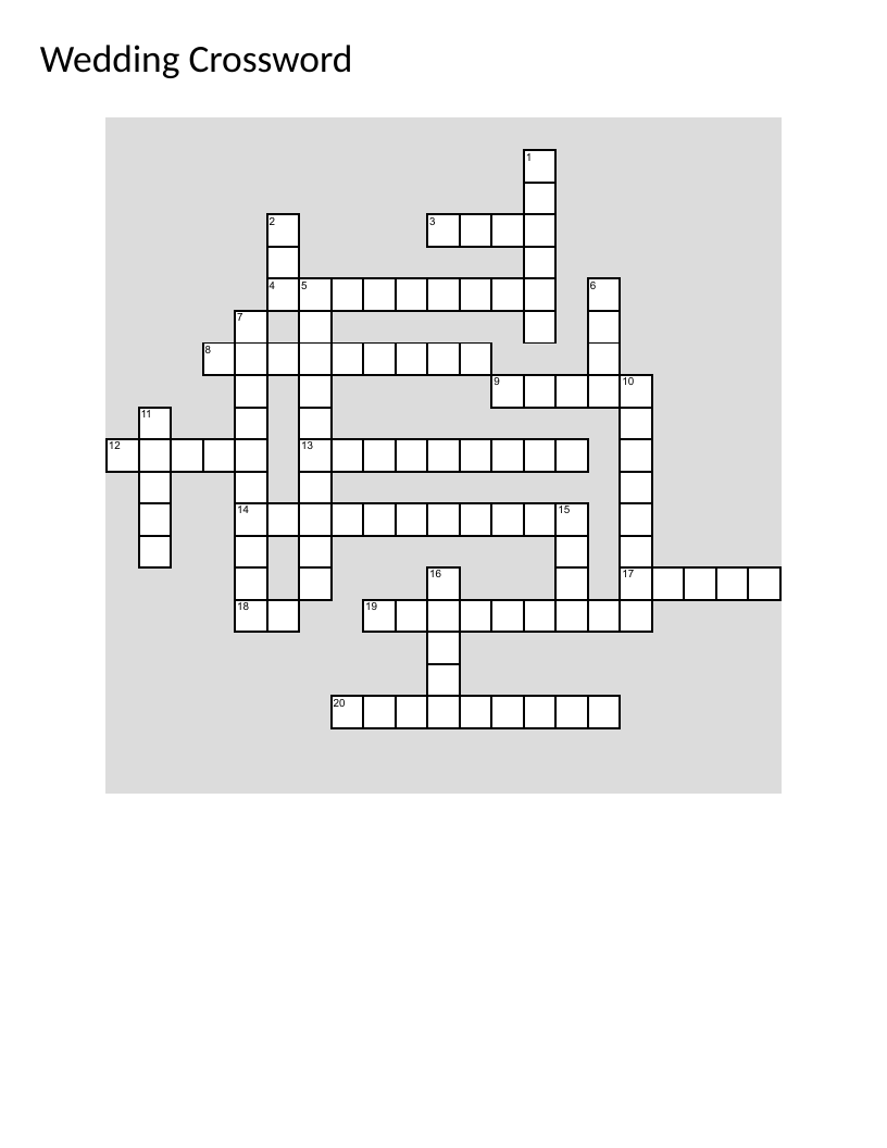 Wedding crossword puzzle with bride, groom, vows, rings, and ceremony themes.