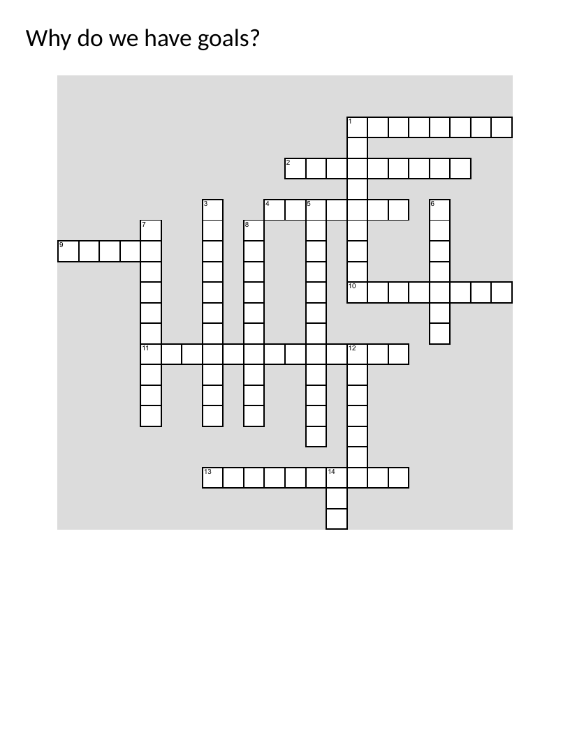Goal-setting vocabulary crossword with words like measurable, concrete, and realistic.