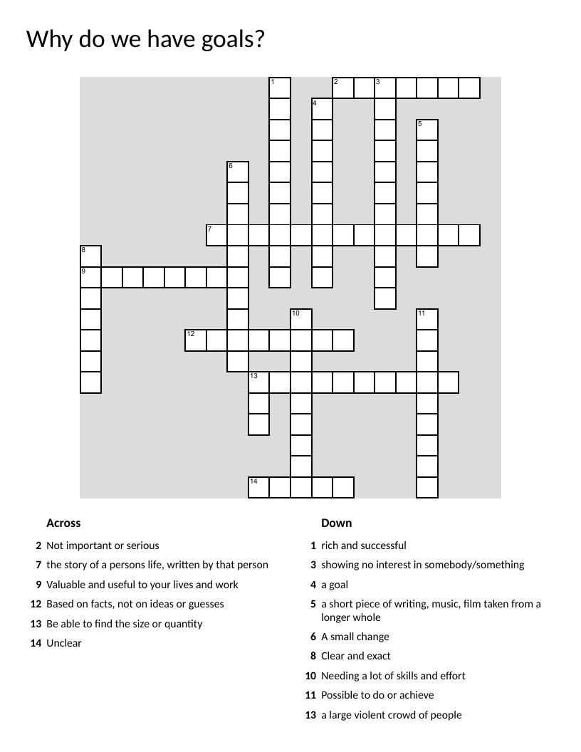 Goal-setting and vocabulary crossword with words like objective, measurable, and realistic.