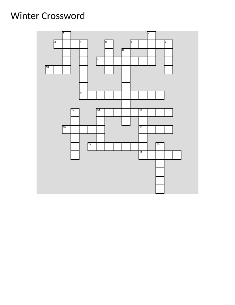 Winter crossword with vocabulary like snowflakes, mittens, joy, and holiday cheer.