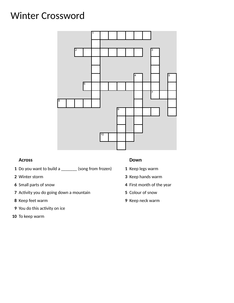 Winter crossword with snow, skiing, ice skating, boots, and scarves.