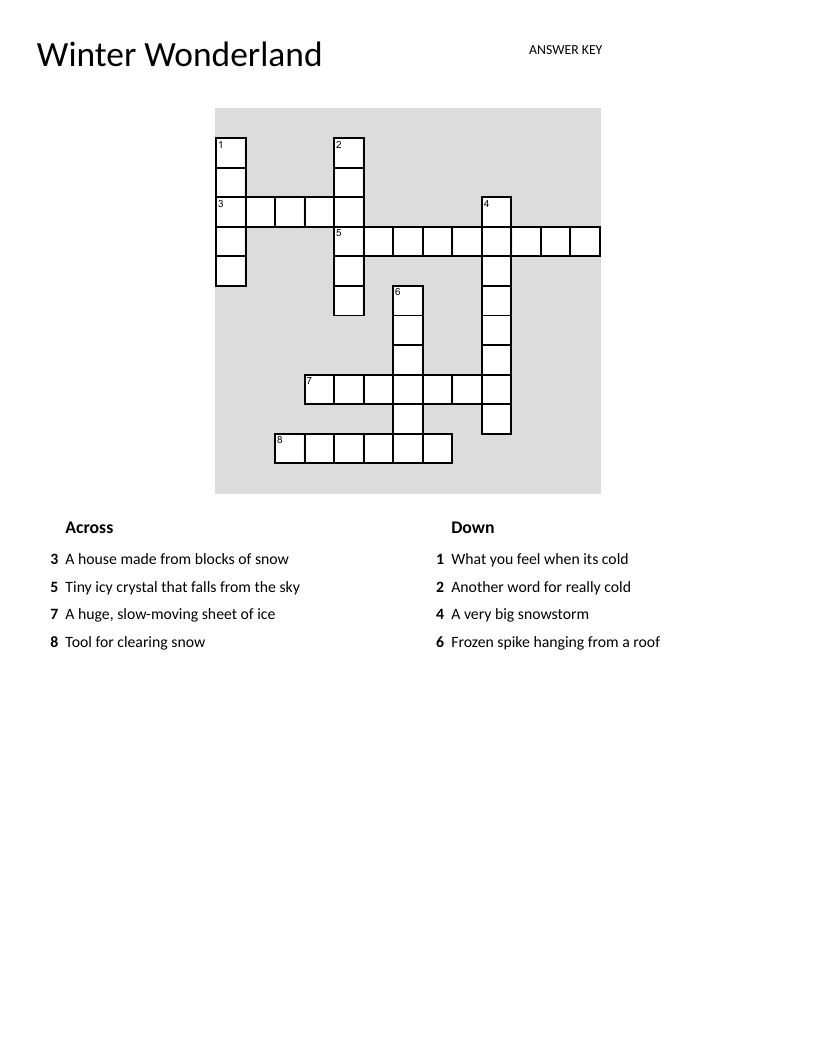 Winter crossword puzzle with words like snowflake, glacier, and blizzard.