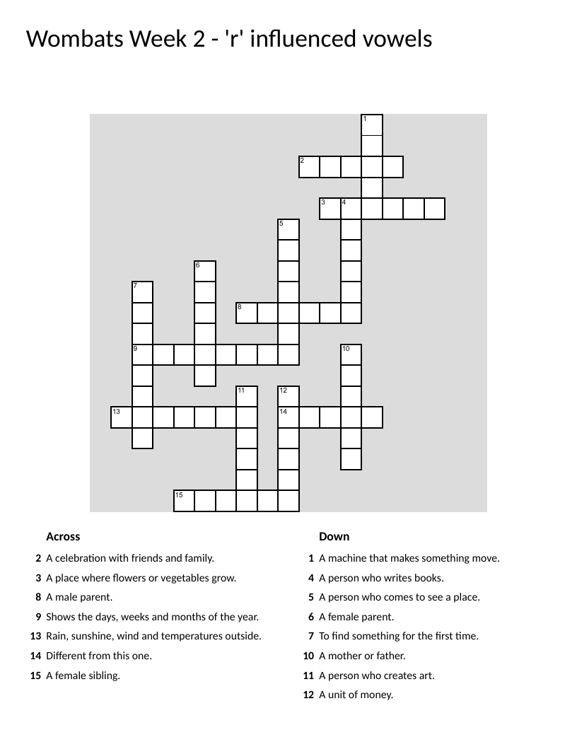 R-controlled vowels crossword with words like party, garden, and weather.