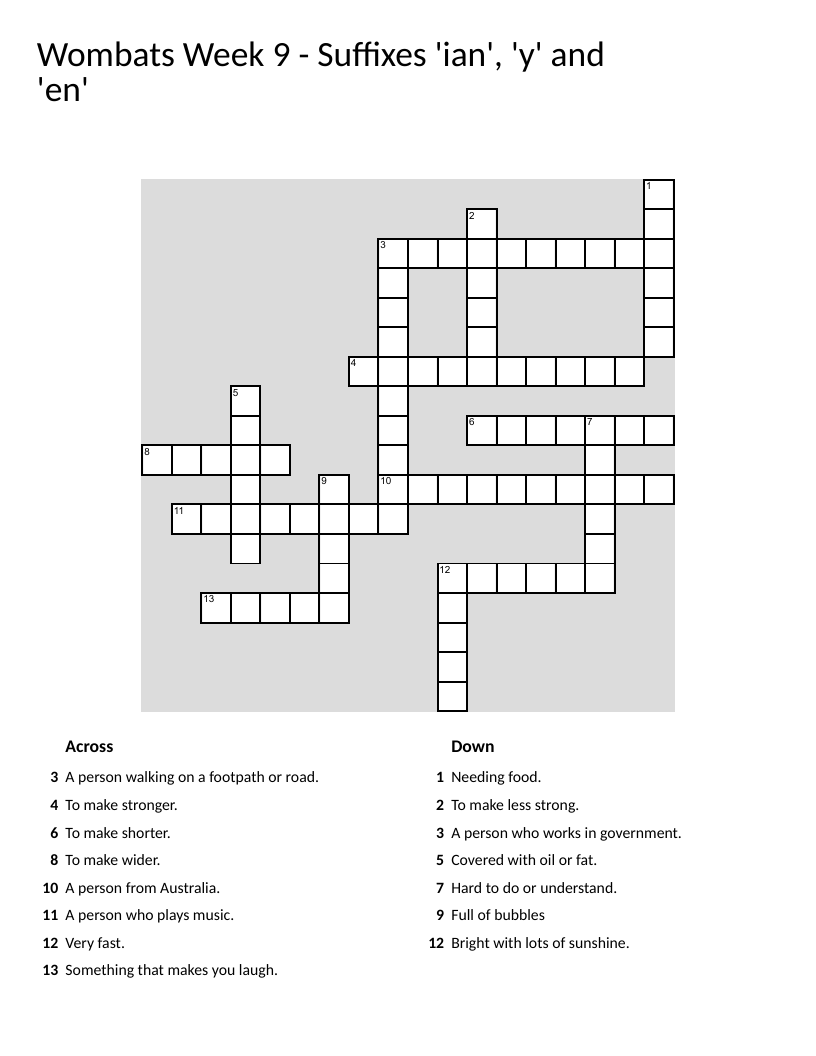 Grammar crossword puzzle on suffixes 'ian', 'y', and 'en' with words like musician and strengthen.
