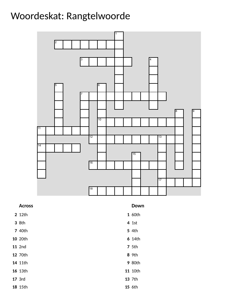 Afrikaans ordinal numbers crossword with eerste through tagtigste.