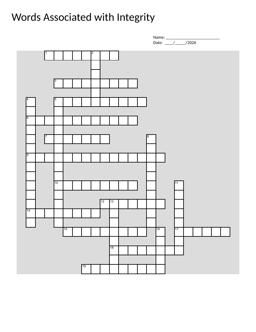 Character education crossword on integrity, honesty, accountability, and fairness.