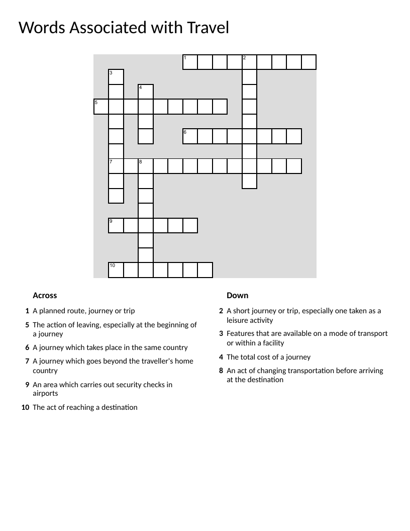 Travel vocabulary crossword with words like itinerary, departure, and arrival.