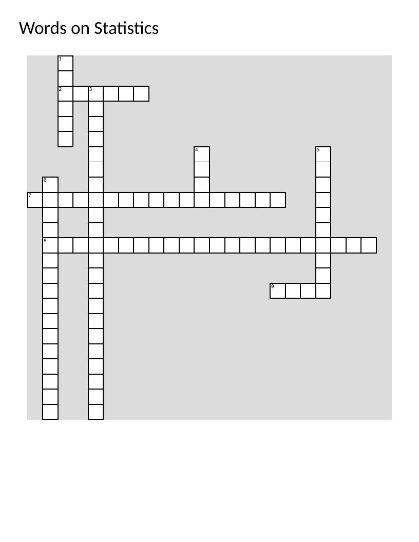 Statistics vocabulary crossword with mean, median, mode, and data terms.
