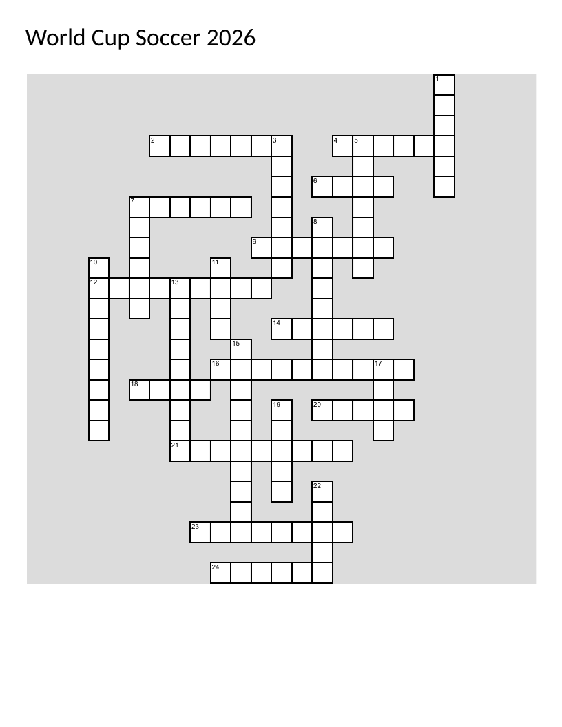 World Cup 2026 soccer crossword with clues about rules, players, and host nations.