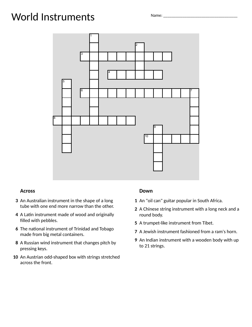 World Instruments crossword with didgeridoo, sitar, steel pan drums, and more.