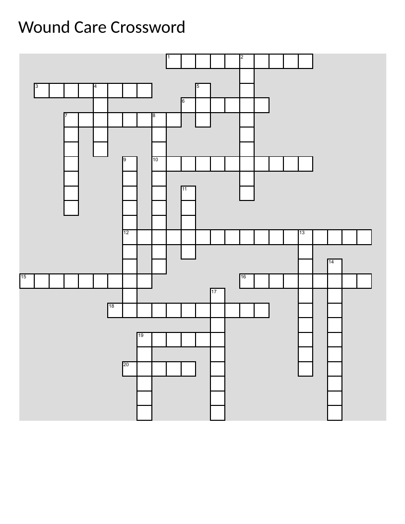 Wound care crossword covering pressure injuries, debridement, and dressing selection for healthcare professionals.