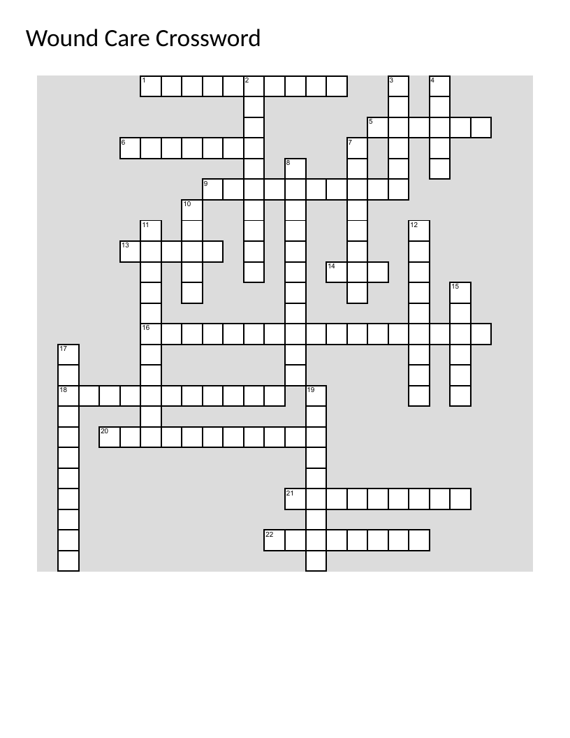 Wound care nursing crossword with debridement, dressing selection, and exudate terms.