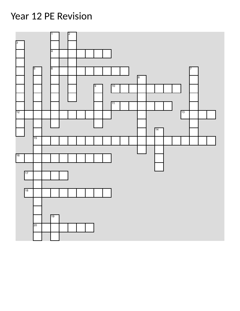 Year 12 PE revision crossword with training principles, fitness components, and energy systems.