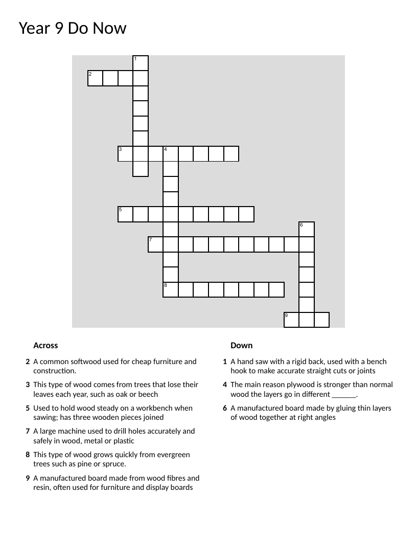 Crossword about wood types, plywood, and woodworking hand tools.