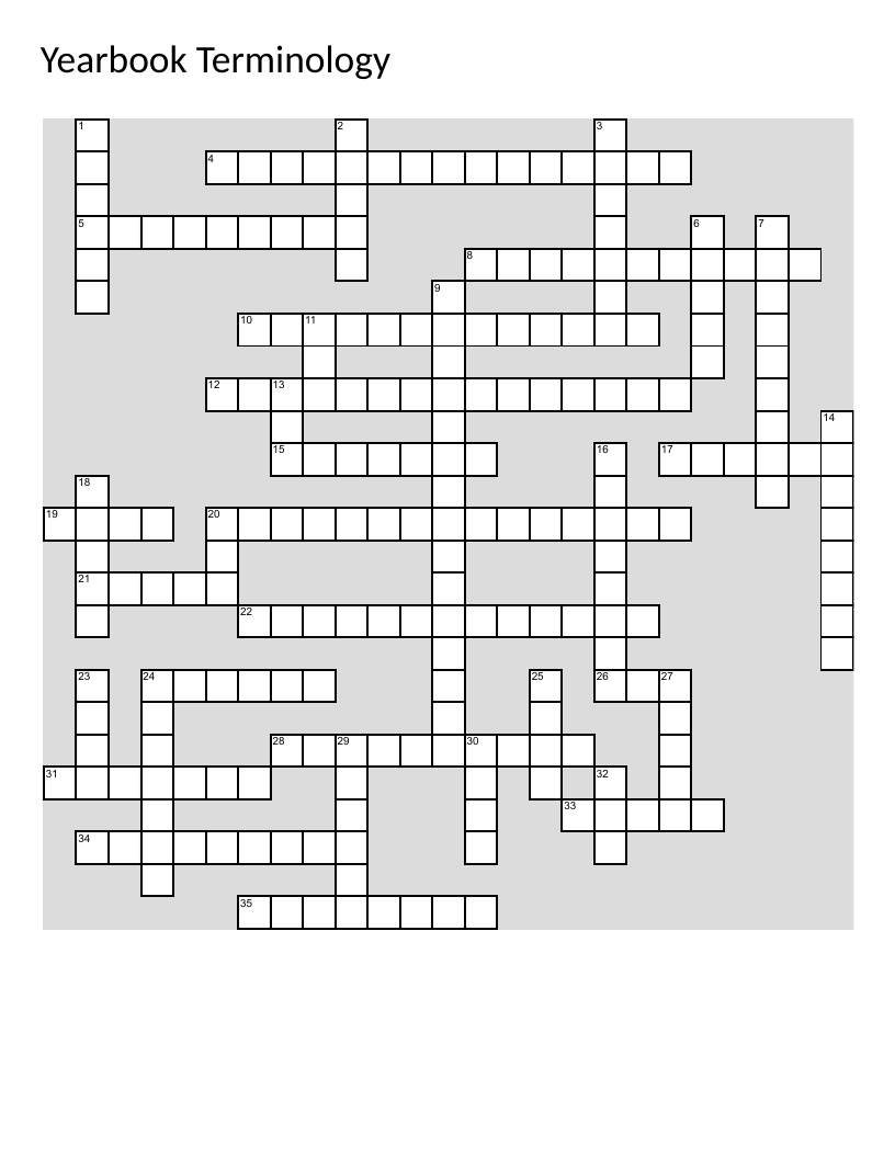 Yearbook design and production terminology crossword with layout, DPS, and publication terms.